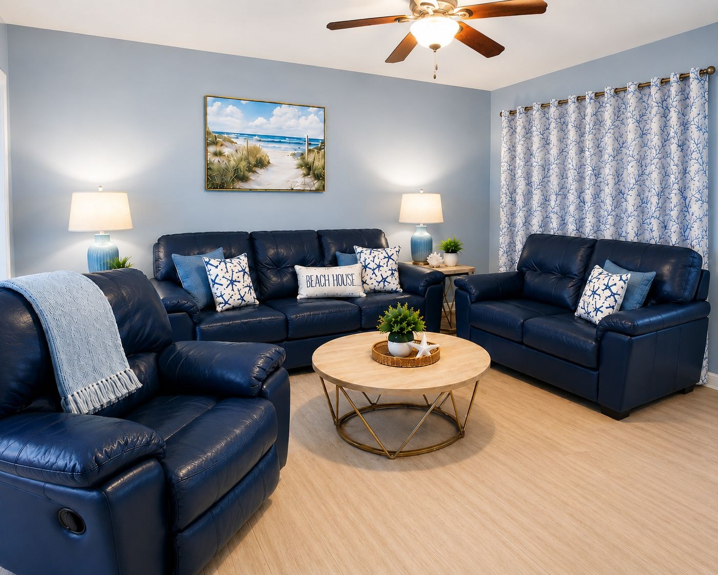Unit 304 living room blue sofas